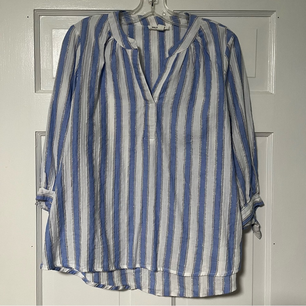 Palm Rio blue and white awning-striped long sleeve split v-neck tunic blouse